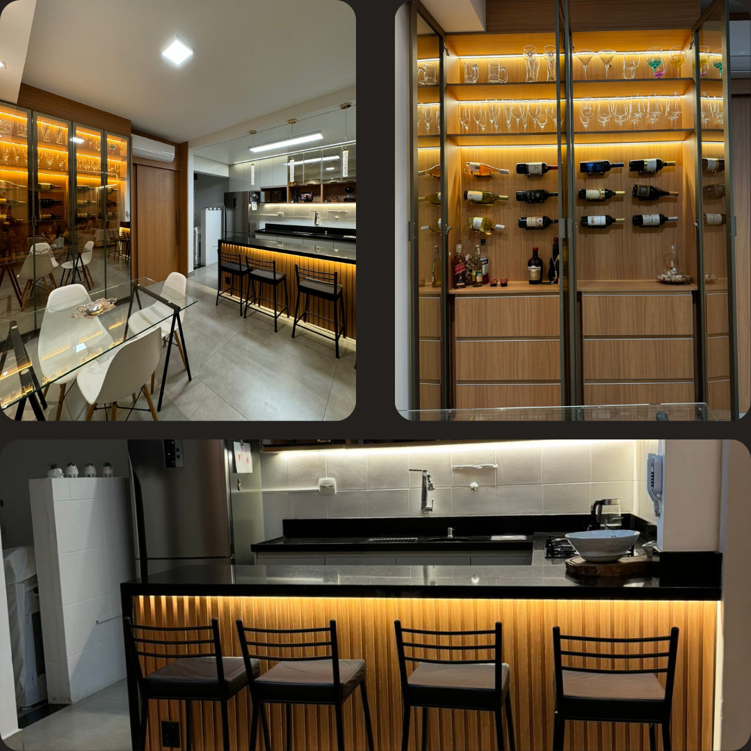 Montagem com 4 projetos de móveis planejados e a logo da Modulari no centro